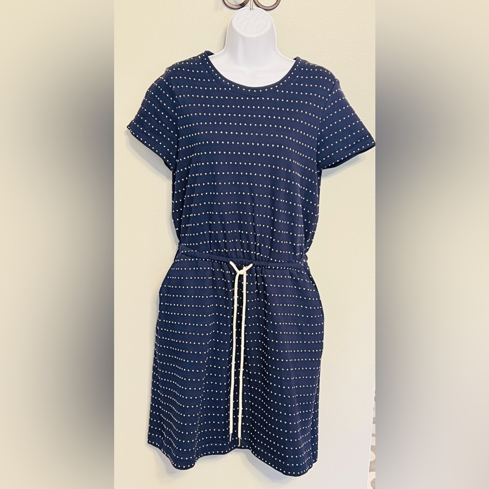 Lou & Grey Navy Dotted Drawstring Cotton pocket dress, Size S